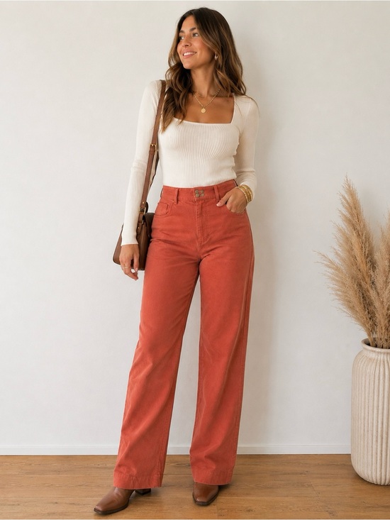 Elodie Pants - Elodie Rust Microribbed Corduroy High-Waist Straight Leg Pants